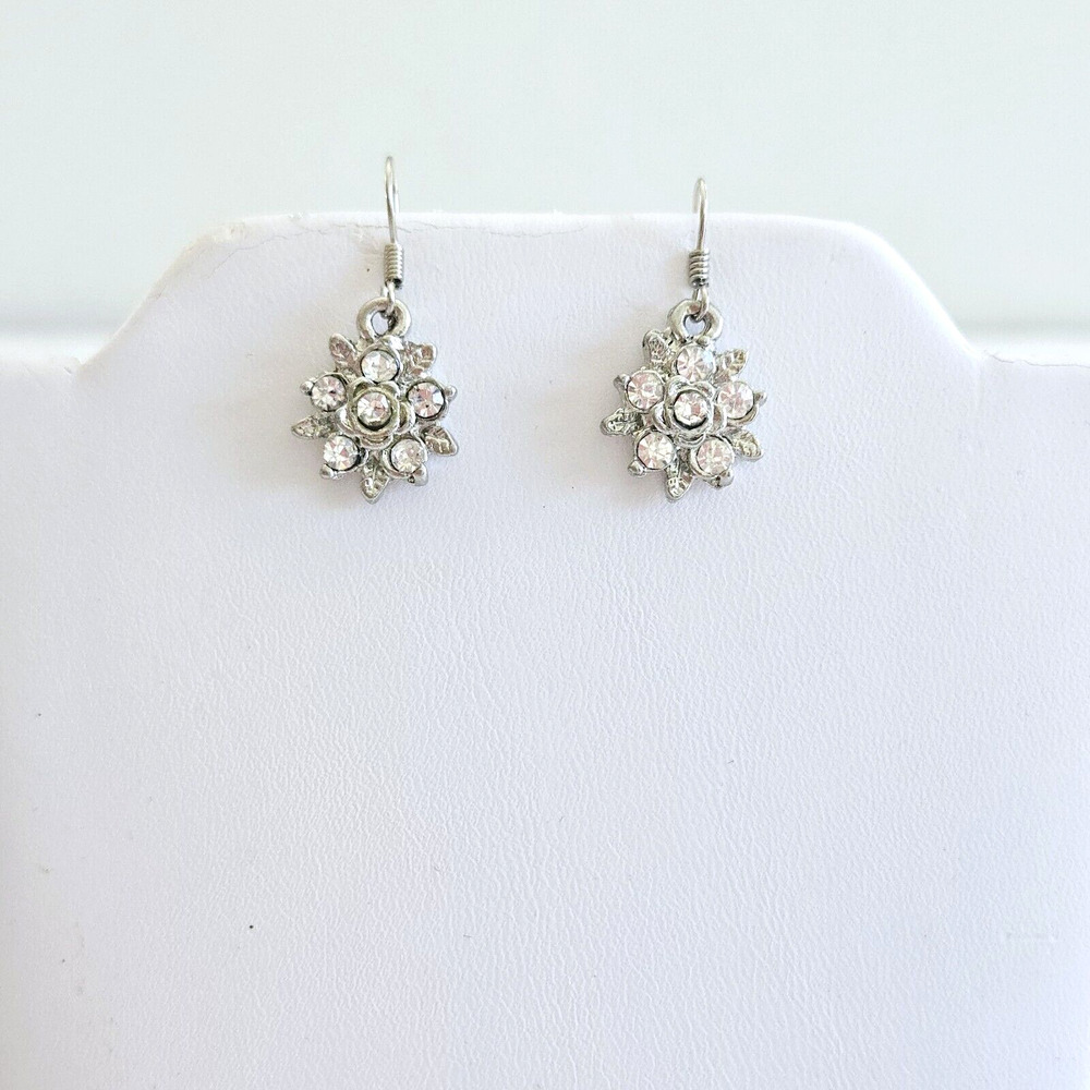 Floral Rhinestone Dangle Earrings Sparkly Silvertone Flower Dainty Feminine NEW